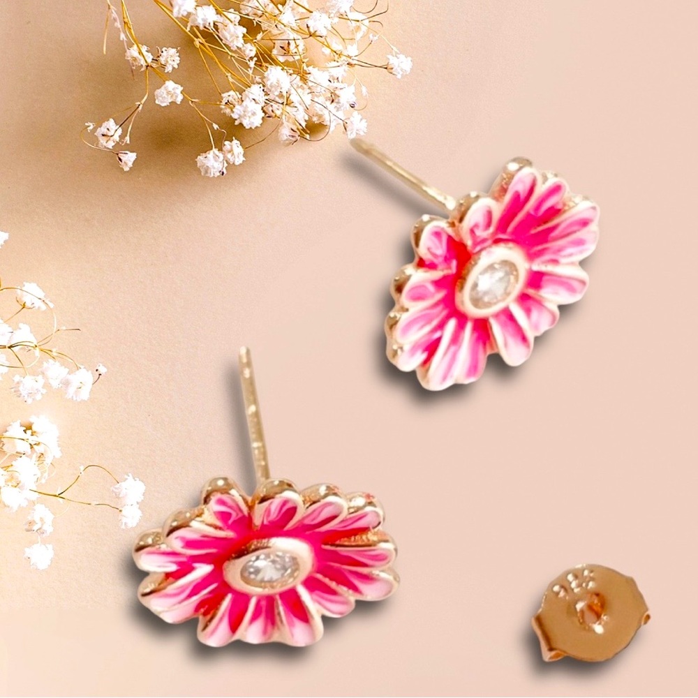 PINK DAISY EARRINGS W/CZ CENTER! SILVER ROSE GOLD PLATED, .925 STAMPED! - Picture 2 of 13